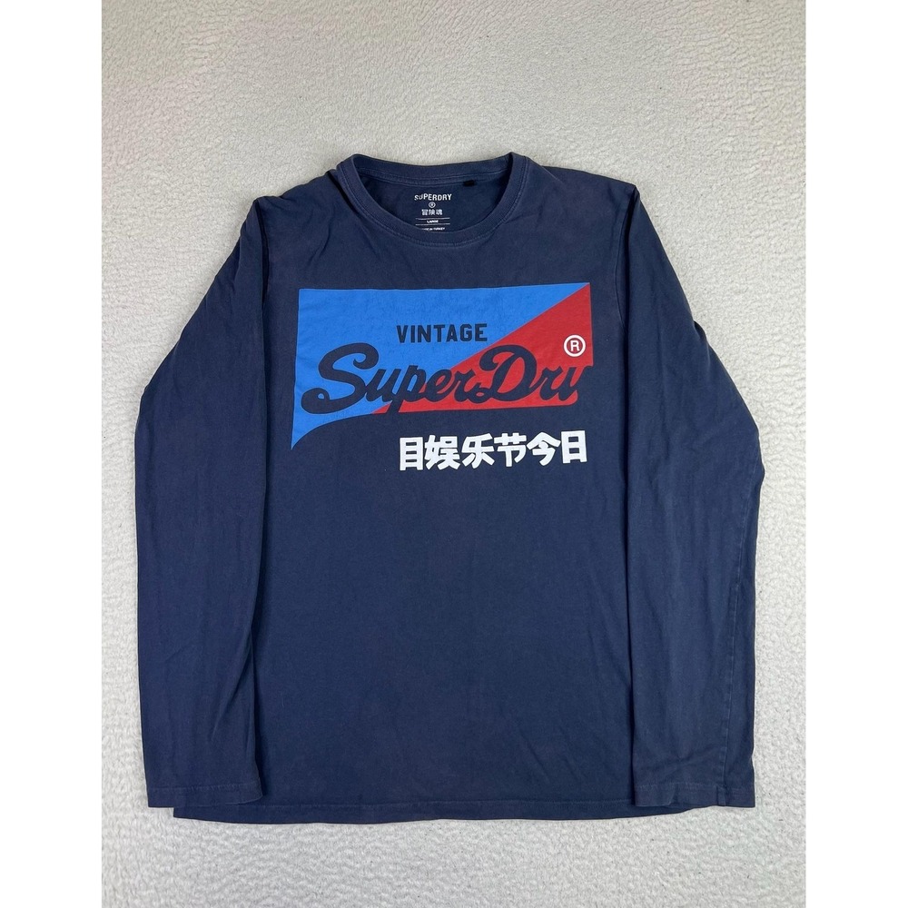 Superdry Shirt Mens Large Blue Vintage Logo Japanese Graphic Long Sleeve Tee